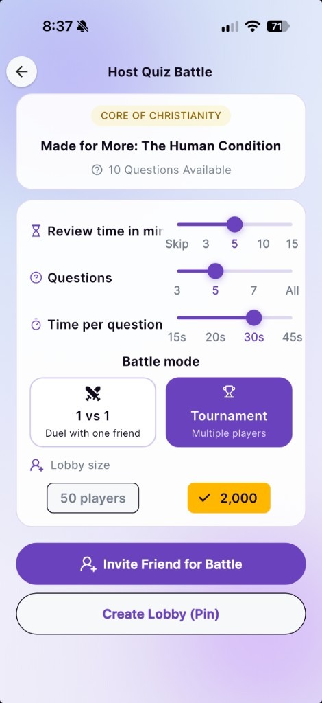 Host Quiz Battle screen with duel and tournament options