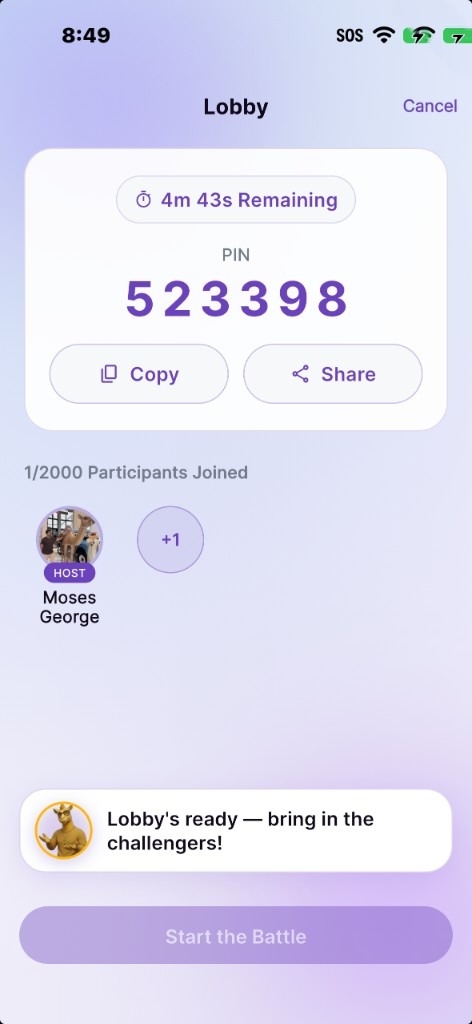 Quiz Battle lobby with a six-digit PIN to invite friends