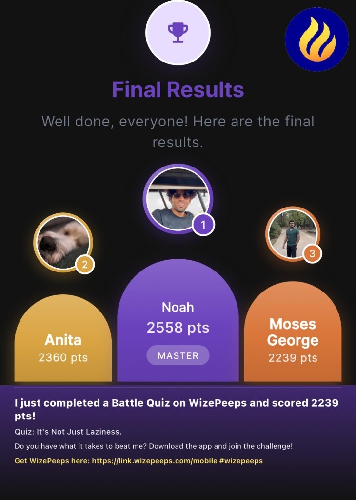 Quiz Battle final results podium with top three players